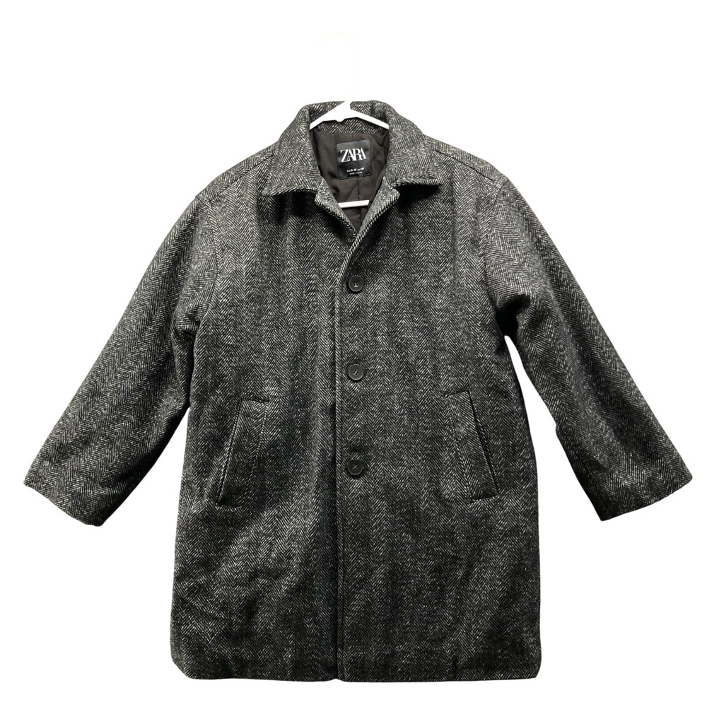 Zara Kids Tailored Herringbone Overcoat Quilted Lined Jacket Charcoal 9-10Y Boys